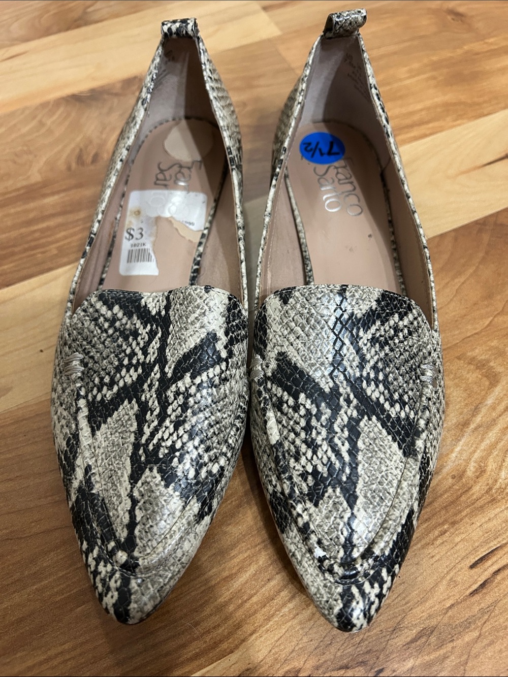 Franco Sarto Pointed Toe Faux Snakeskin Loafers - Neutral Size 7.5
